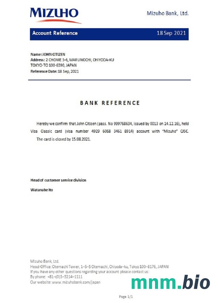 Japonia Mizuho zamknięcie przykład odniesienia w formatach Word i PDF